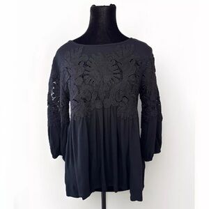 Deletta Crochet Top XS Womens Black Boho Babydoll Flowy Y2K Western Blouse Shirt